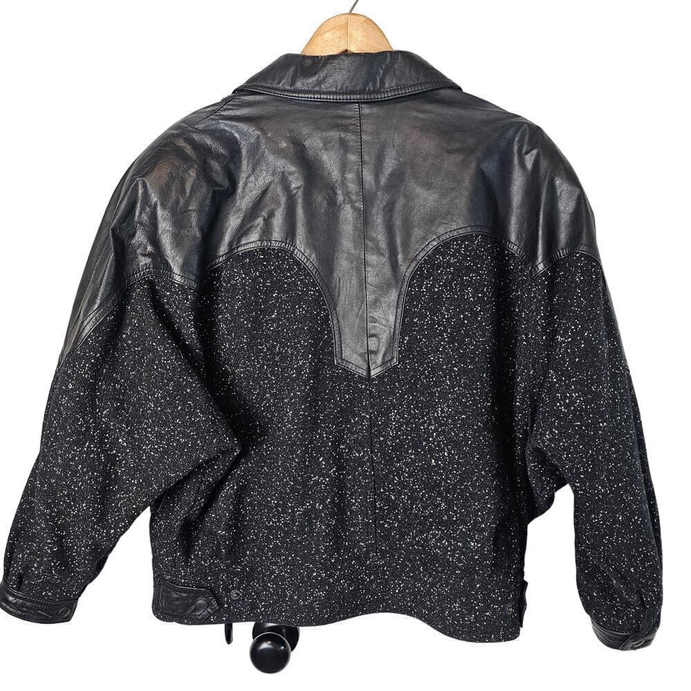 Vintage 8os Bomber Jacket Womens Size 12 Black Wool Leather Punk Glam Rock Retro - Picture 2 of 11